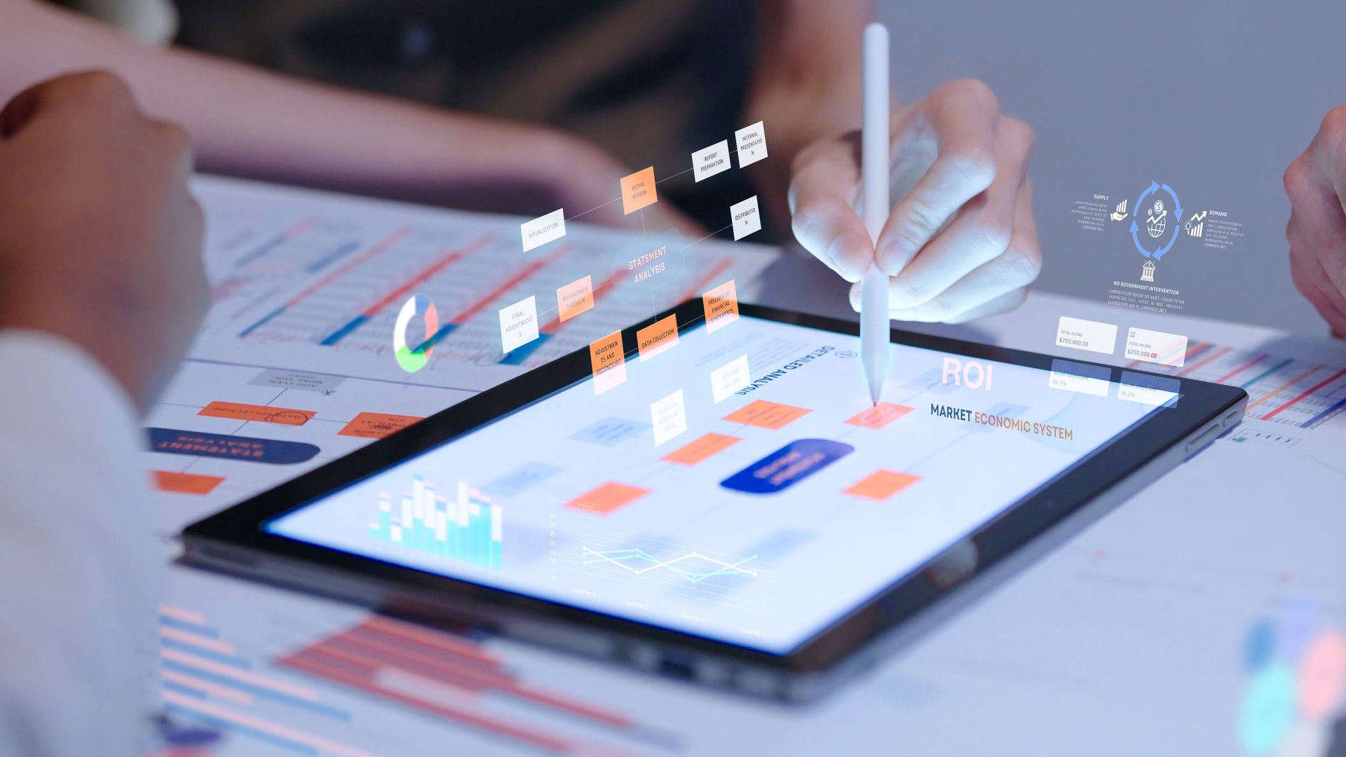 Close up Diverse Collaborative Business people meeting on devices computer with digital generate animated brainstorming the financial report paperwork document analyzing data or planning strategies displays a graph or chart in a modern business technology